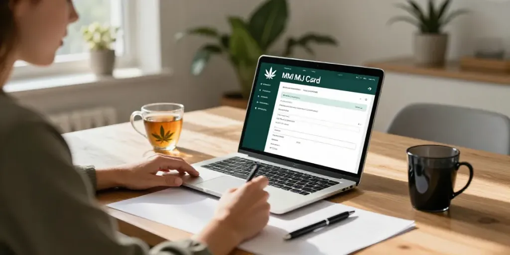 Applying for an MMJ card online in a cozy home environment.