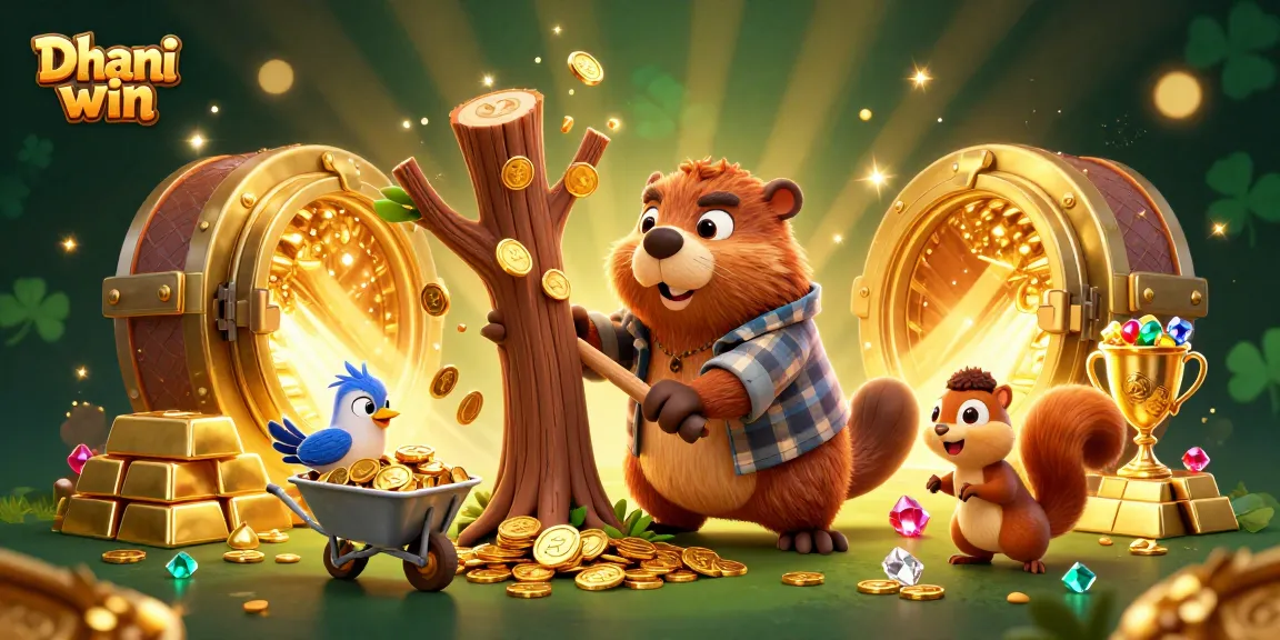 Dhani win gaming action featuring a beaver collecting gold while jackpot symbols surround it.