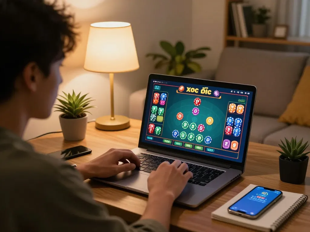 xóc đĩa online gameplay displayed on laptop with vibrant chip action, showcasing cozy home gaming atmosphere