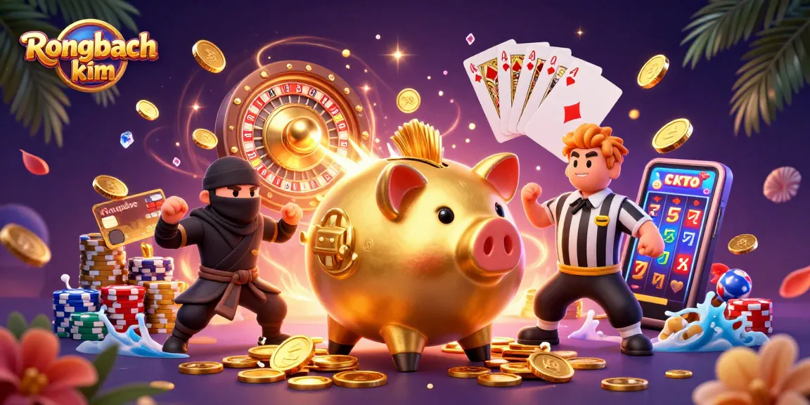 Experience Rongbach kim with an engaging illustration of a sumo wrestler piggy bank amidst vibrant casino elements.