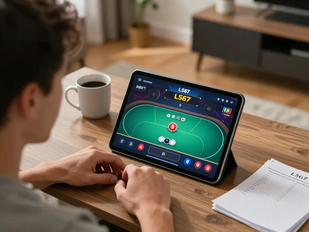 Player engaging with L567 online casino app, focused on poker game with strategic notes nearby