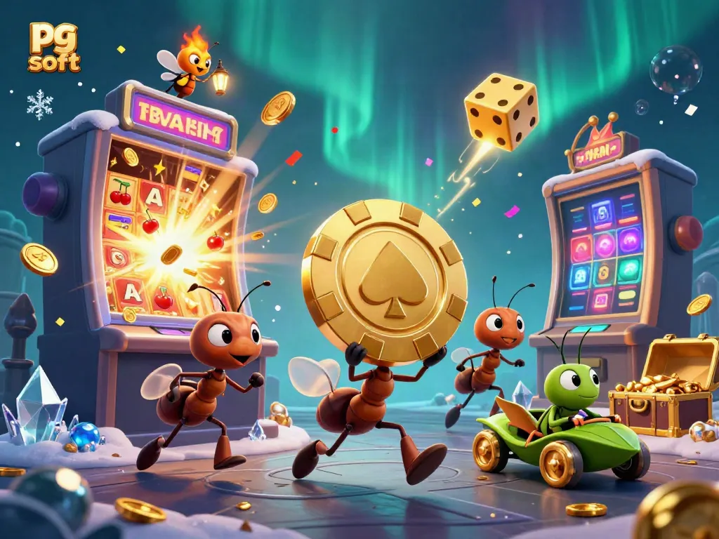 Tim semut 3D membawa chip poker raksasa dalam suasana kasino yang cerah, pg soft