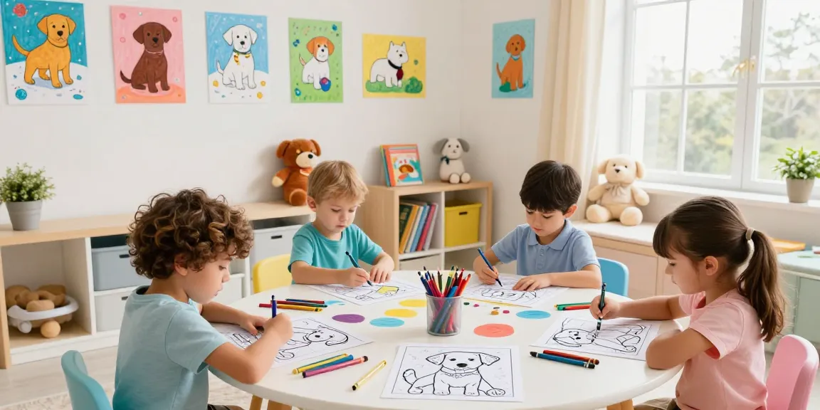 Children engaging with Labrador Retriever cartoon character coloring pages, enjoying artistic creativity.