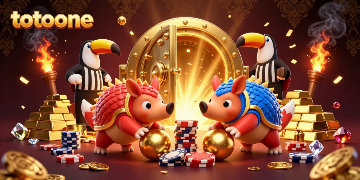 Totoone menawarkan keseruan permainan slot melalui ilustrasi menghibur dua pangolin bersaing dengan latar belakang emas dan chip poker.