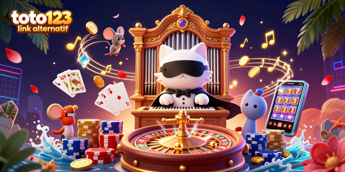 Experience the thrill of toto123 link alternatif with a vibrant 3D casino illustration showcasing lively characters and dynamic gaming elements.