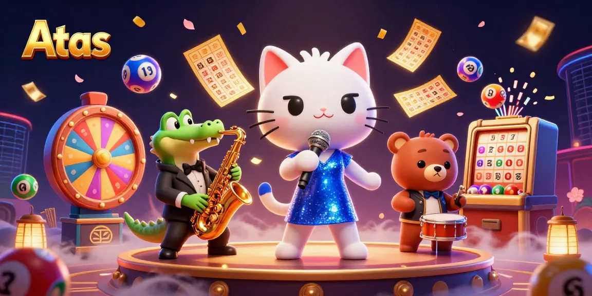 Experience thrilling gameplay at Atas with vibrant characters and dynamic lottery elements in a casino scene.
