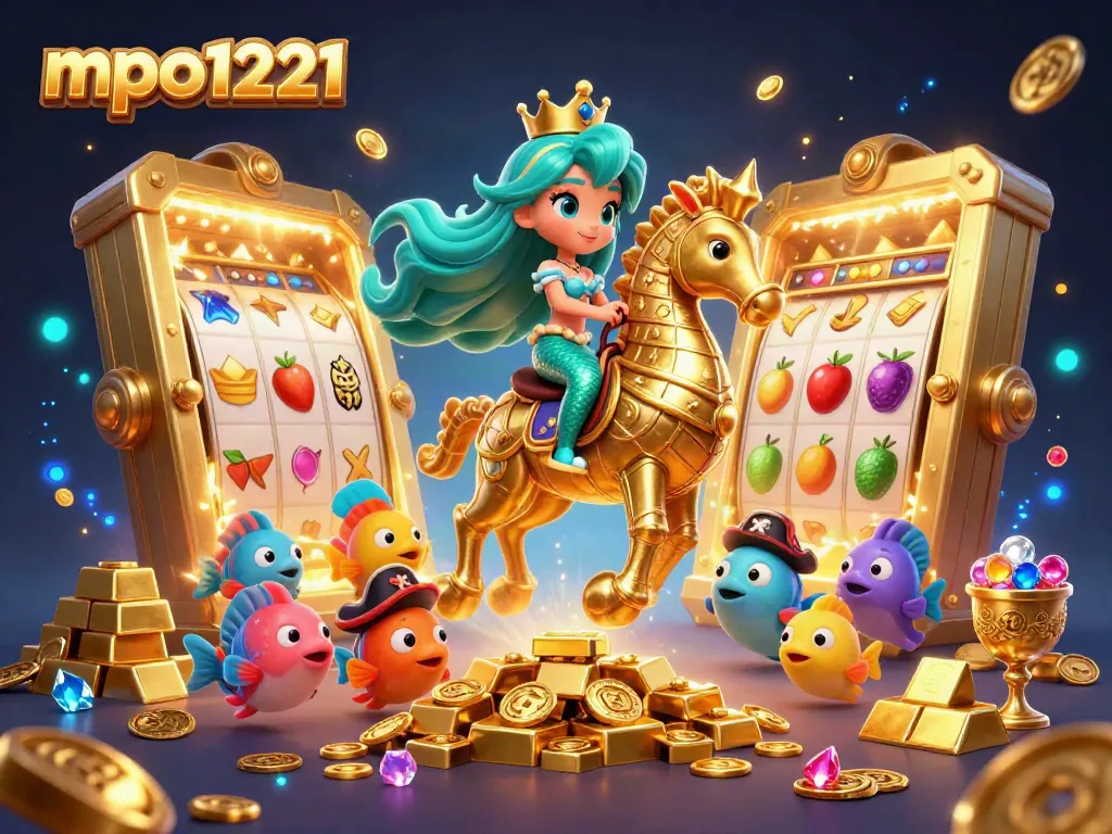 Experience mpo1221's vibrant 3D mermaid and seahorse casino scene filled with treasures and colorful game elements.