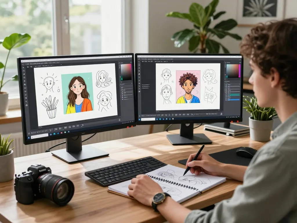 Designer using nano banana pro AI image editor in a vibrant digital workspace.