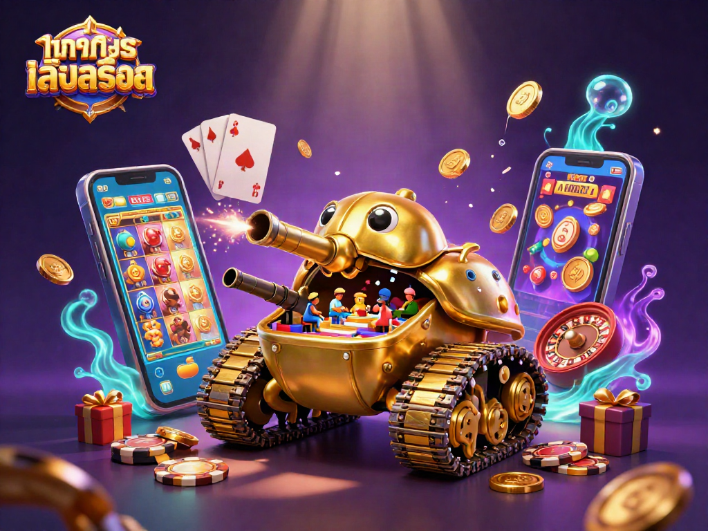 Experience ทดลองเล่นสล็อต with a vibrant 3D casino beetle tank showing mini games and coins!