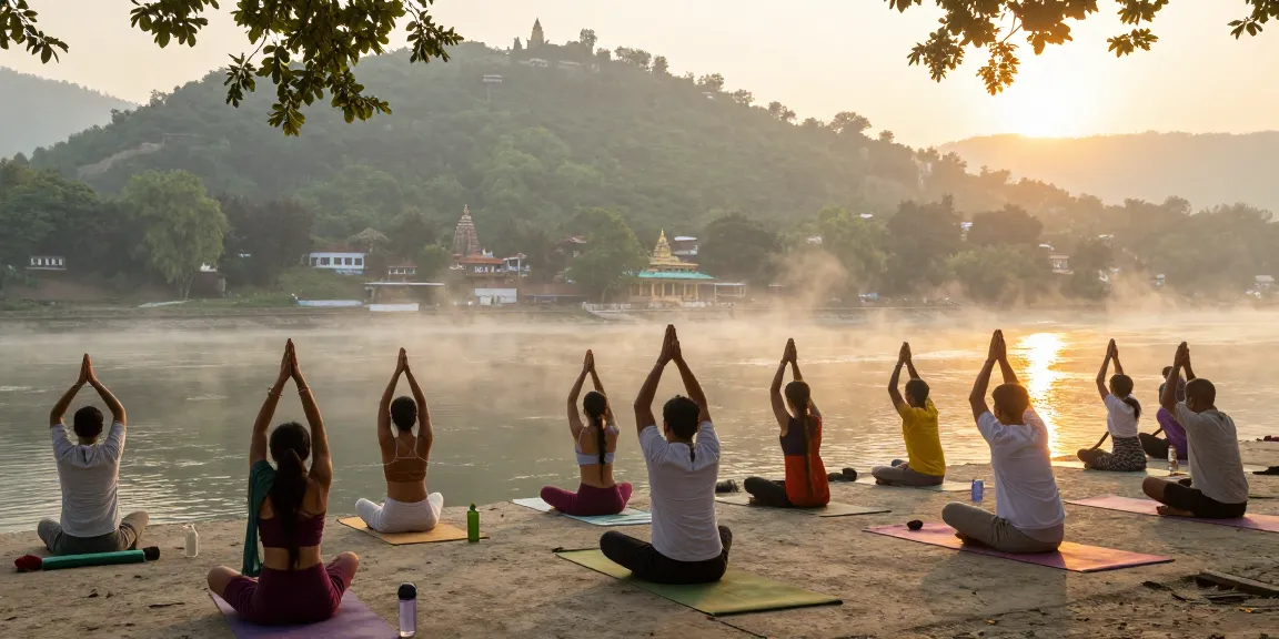 Yoga teacher training in Rishikesh with students practicing Hatha Yoga by the River Ganga during sunrise.
