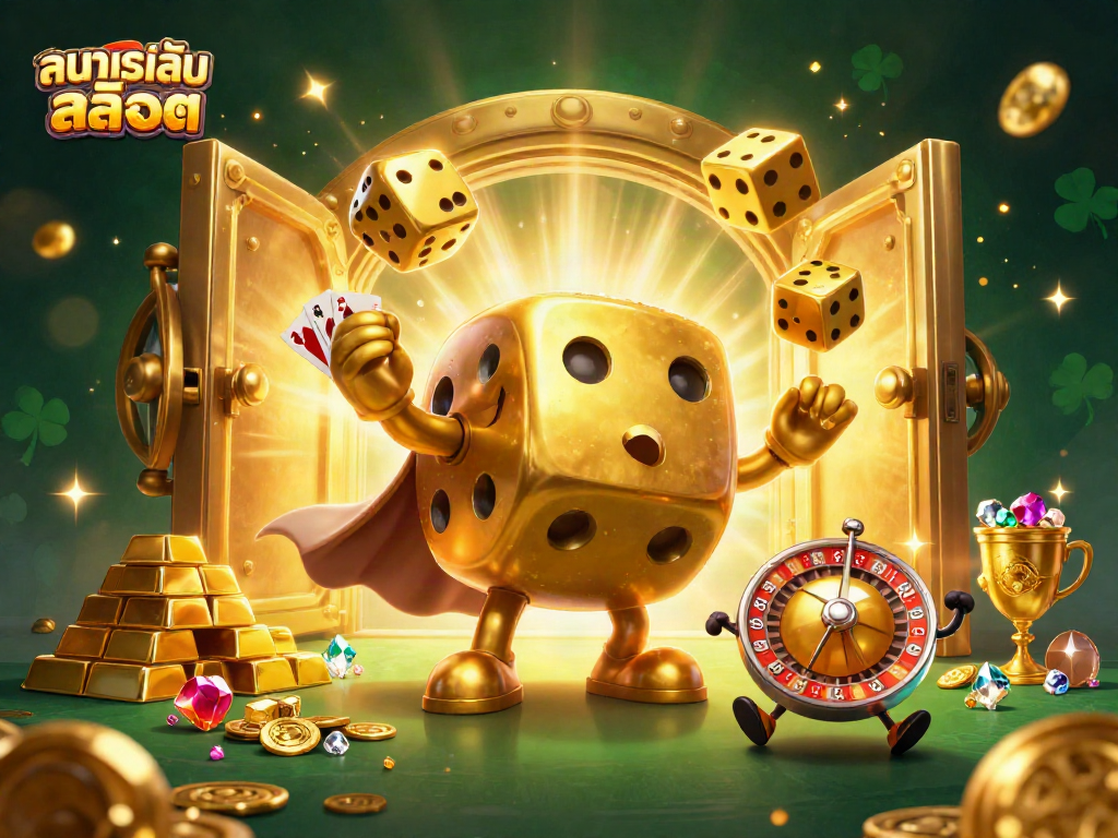 ทดลองเล่นสล็อต in a vibrant 3D illustration with golden dice and treasure elements, celebrating casino luck.