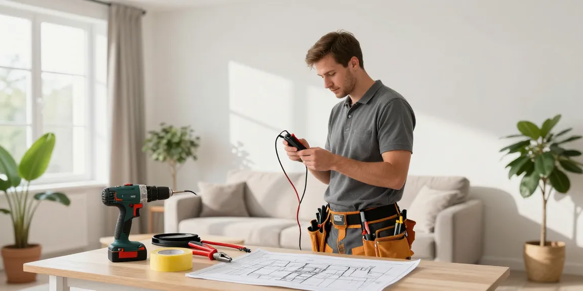 This page showcases an electrician rewiring a living room, illustrating home improvement efforts with tools and bright decor.