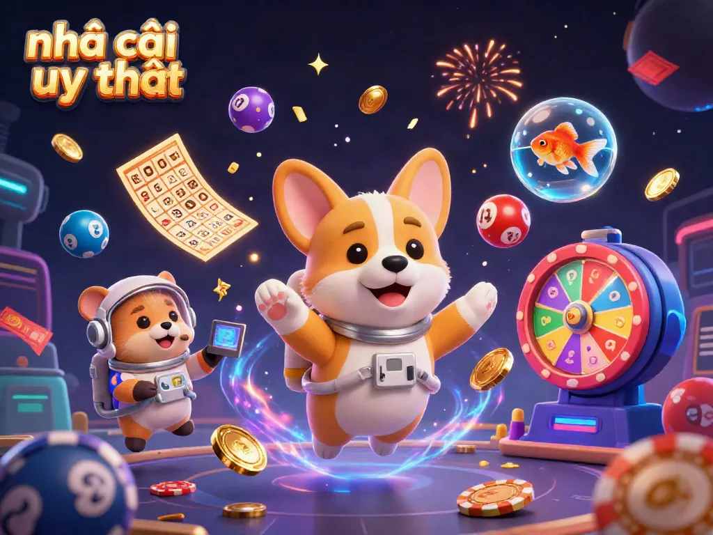 Engaging space casino scene with the keyword nhà cái uy tín, showcasing an astronaut corgi, drifting poker chips, and colorful lottery elements.