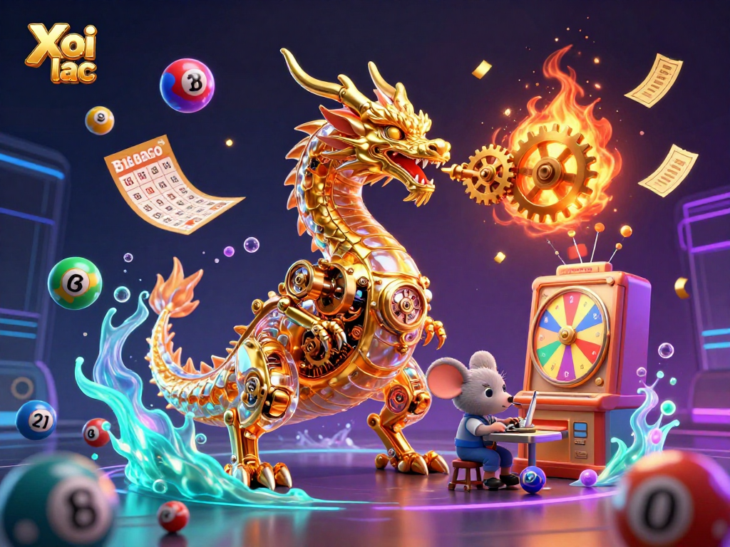 Xoi lac lottery scene showcasing a golden dragon and mouse engineer amidst vibrant colorful elements.