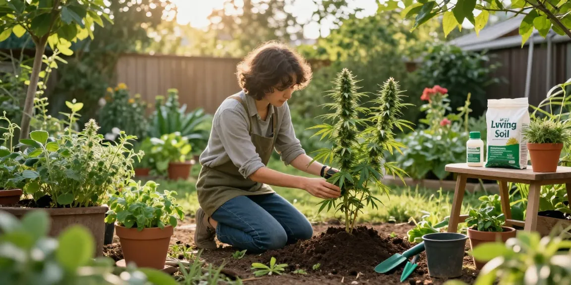 Living Soil für Cannabis in einem nachhaltigen Garten mit gesunden Cannabis-Pflanzen und organischen Düngemitteln, natürliche Wellness.