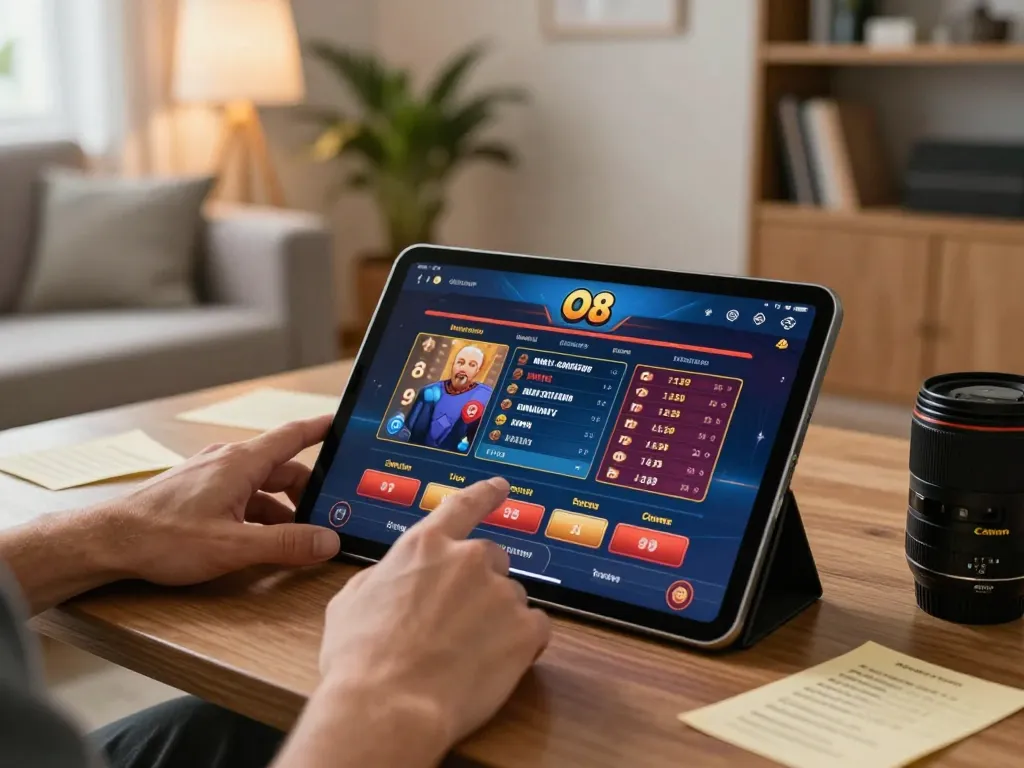 Engaging gaming experience on the O8 platform through a tablet interface, showcasing live dealer games and strategic insights