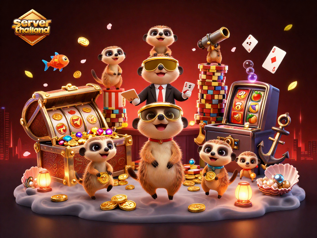 Celebrate wins at server thailand with a vibrant 3D casino scene filled with characters and dynamic gaming elements.