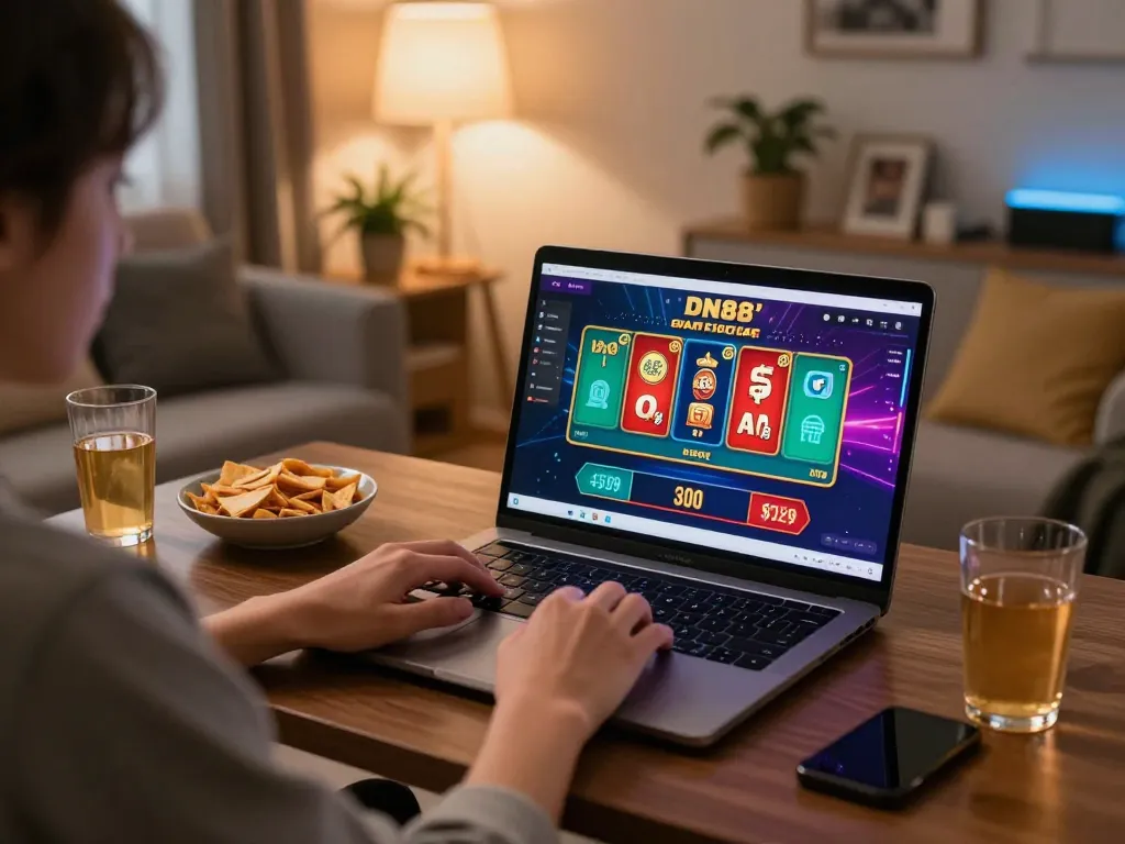 dn88 đăng nhập on a laptop, showcasing an engaging online casino experience in a cozy setting.