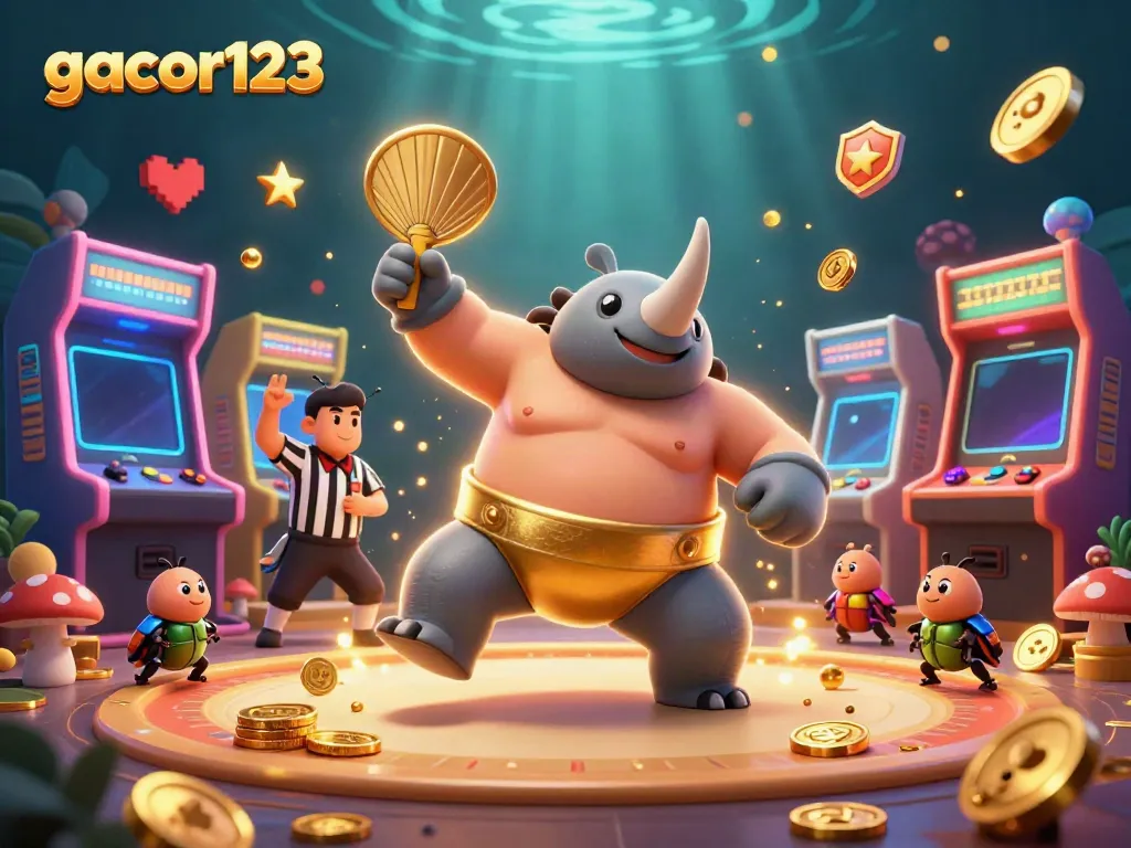 Experience excitement as gacor123's sumo beetle champion stomps amidst a vibrant casino scene.