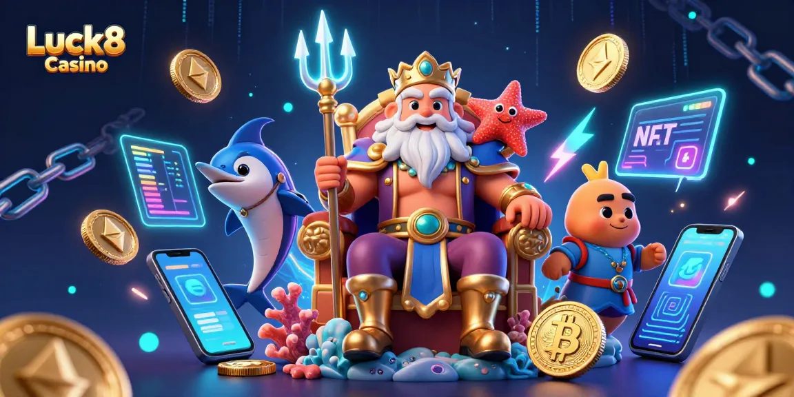 Experience the excitement at Luck8 Casino with 3D cartoon Neptune surrounded by cryptocurrency elements.