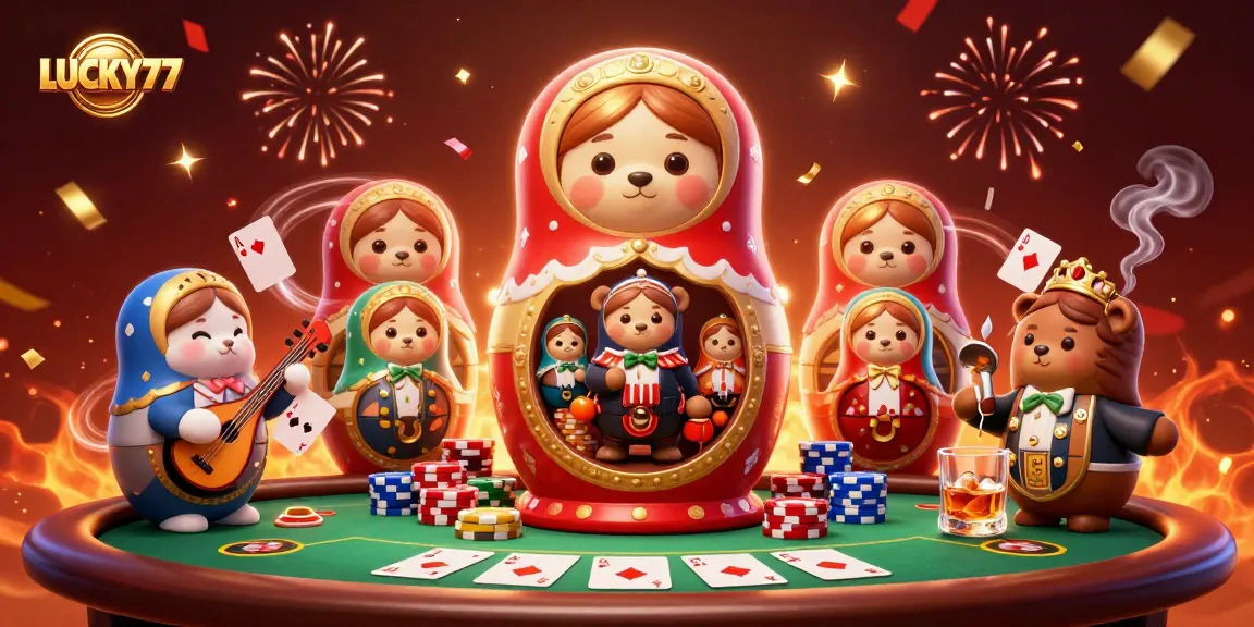 Experience excitement at LUCKY77, featuring a vibrant casino scene with bears and poker elements.