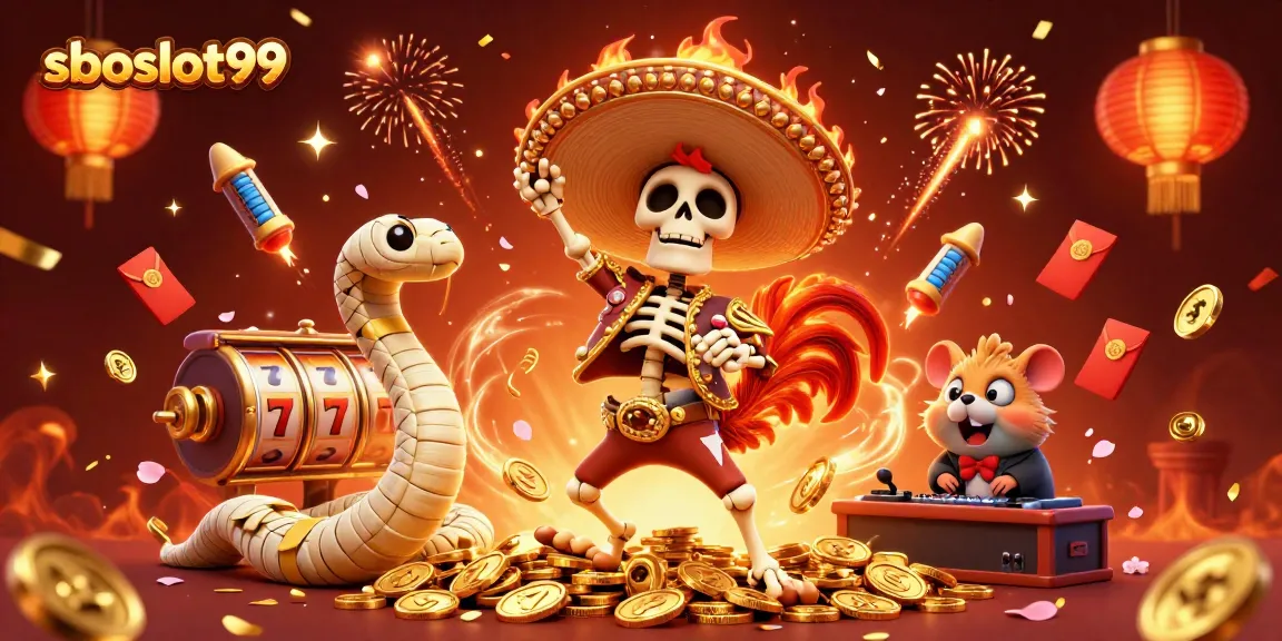 Experience winning thrills with sboslot99's vibrant casino-themed illustration, featuring festive characters.