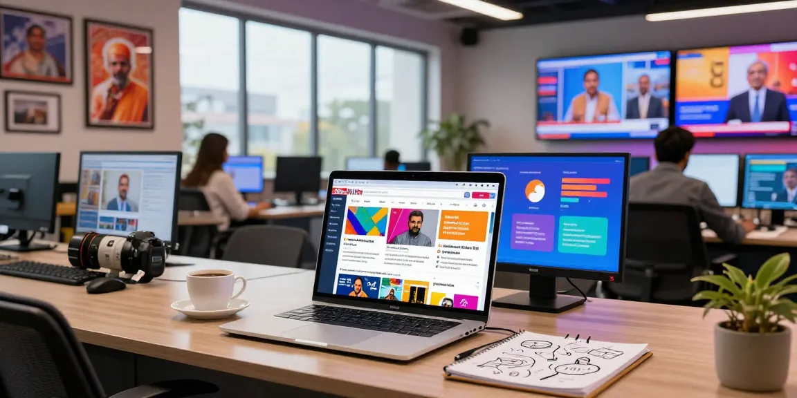 Journalist analyzing news content on https://www.theindaily.com in a modern digital newsroom, displaying vibrant political and cultural topics.