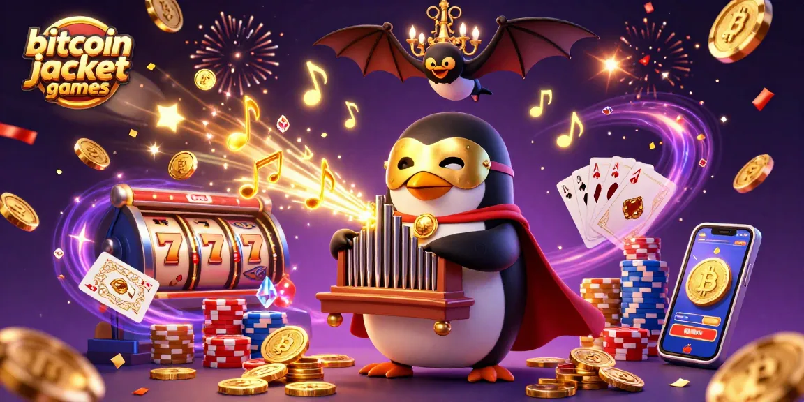 Experience bitcoin jackpot games with a vibrant scene of winning symbols, coins, and playful characters.