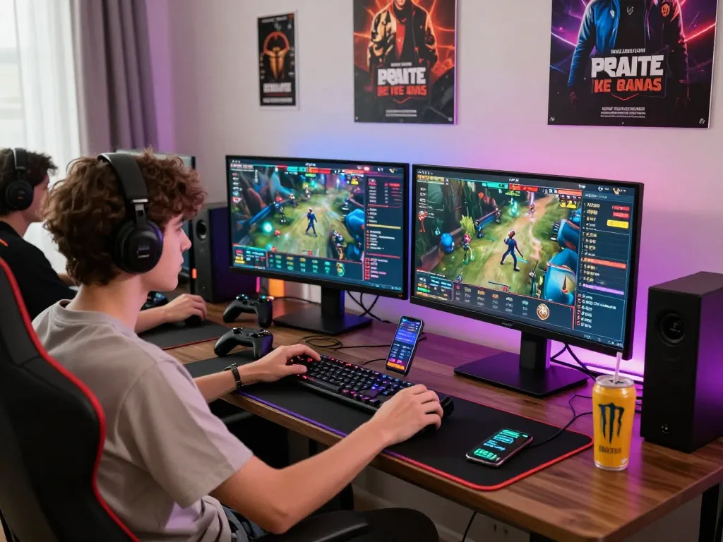 Dynamic scene of esports betting Singapore with a gamer actively placing bets on live matches using multiple monitors and gaming gear.