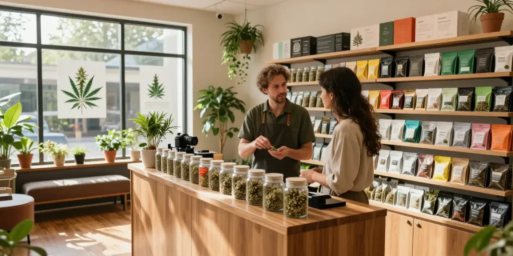 Welcoming cannabis seed shop interior with vibrant seed samples and knowledgeable budtender.