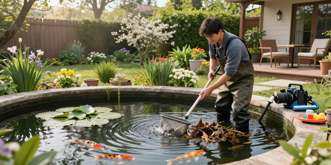 Professional Pond Cleaning Surrey services in action with a technician cleaning a serene backyard pond filled with koi fish and water lilies.
