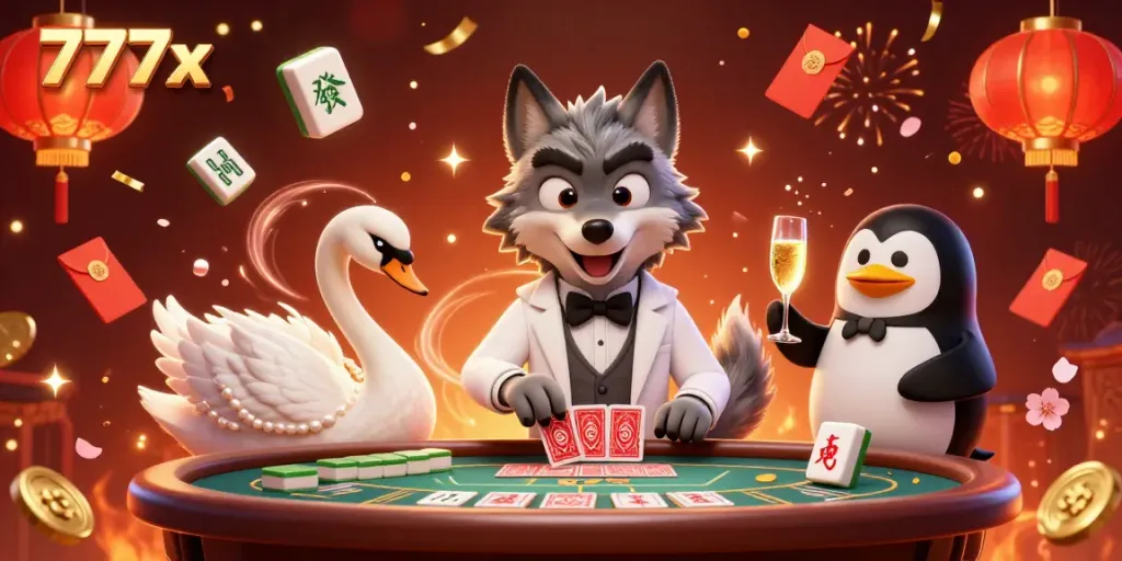 Play dynamic baccarat with 777x, featuring an animated wolf, swan dealer, and penguin sommelier in a festive setting.