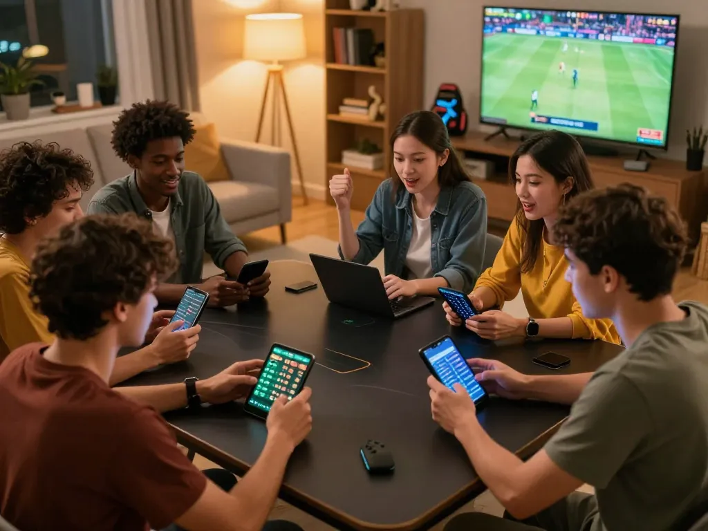 Friends engaging in online sports betting with mobile devices, highlighting RR88 platform excitement.