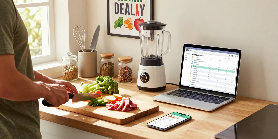 Nutrition enthusiast preparing healthy meals with the best nutrition tracking app in a bright kitchen.