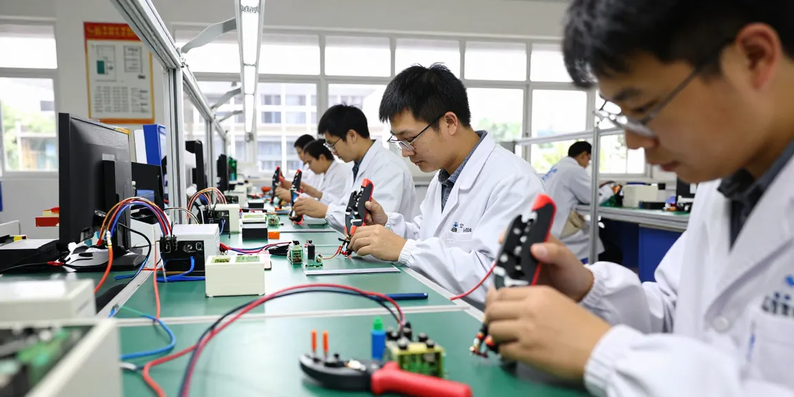 Assembling wire crimp connectors in a modern electronics facility, showcasing precision and quality in production.