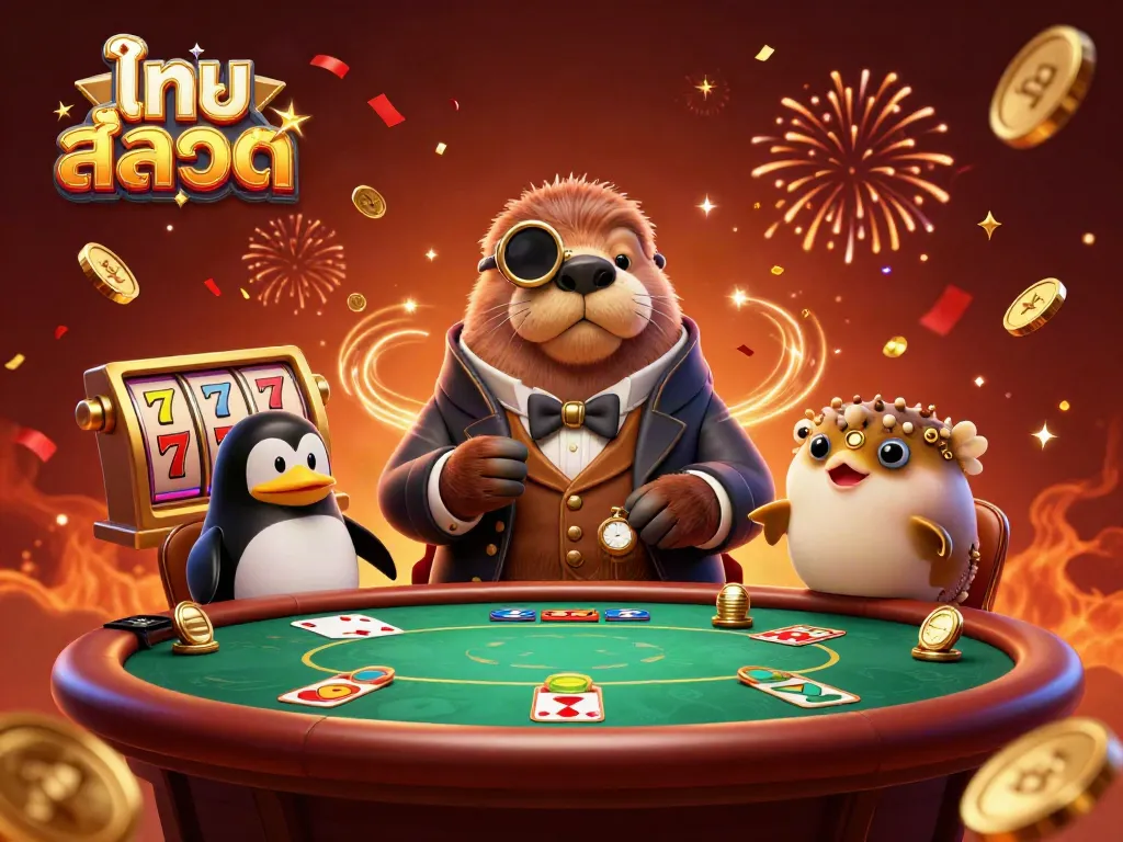 Thai slots featuring a jolly walrus at an underwater poker table with lively casino elements.