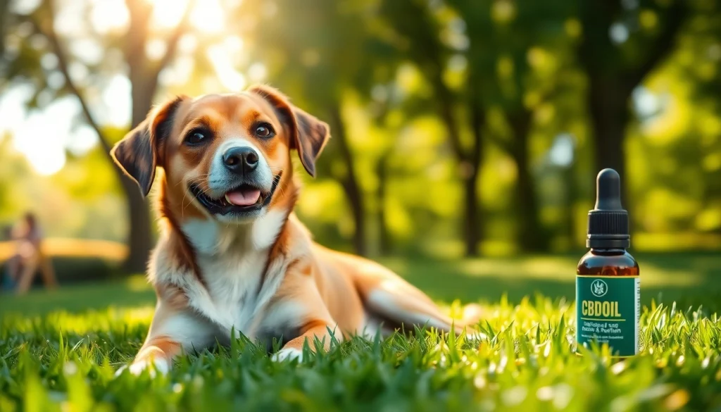 Dog receiving CBD For Pet treatment in a sunny park, showcasing relaxation and wellness.