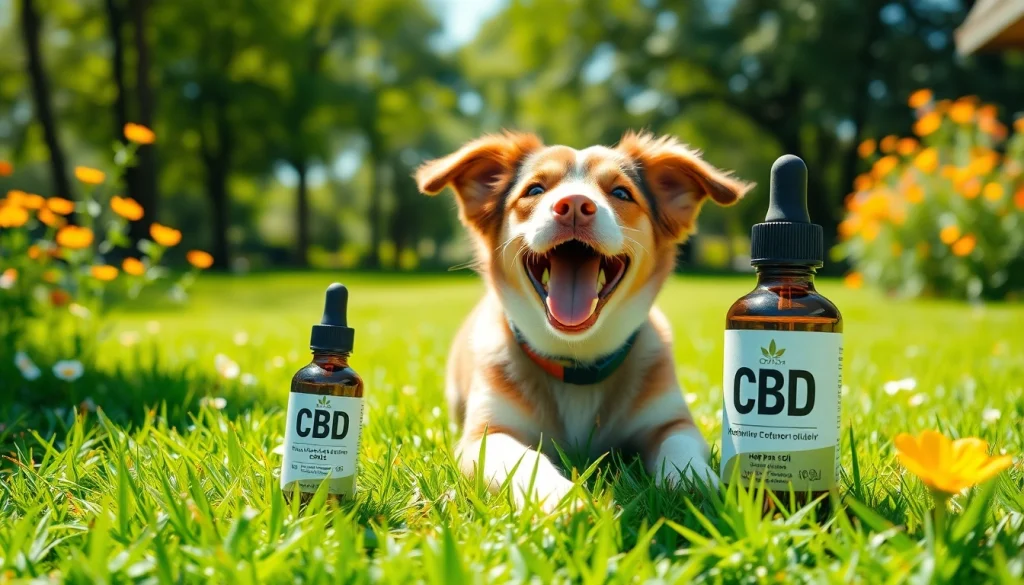 Engaging dog enjoying a sunny day with CBD For Pet oil nearby, showcasing health and happiness.