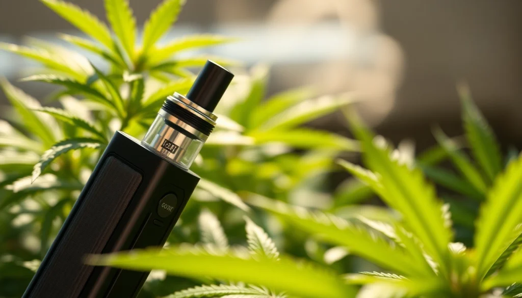 Elevate your experience with a premium Cannabis Vape device featuring lush greenery.