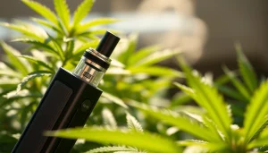 Elevate your experience with a premium Cannabis Vape device featuring lush greenery.
