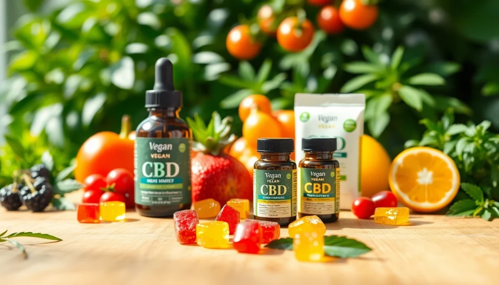 Showcase flavorful Vegan CBD products alongside fruits, promoting a healthy lifestyle.