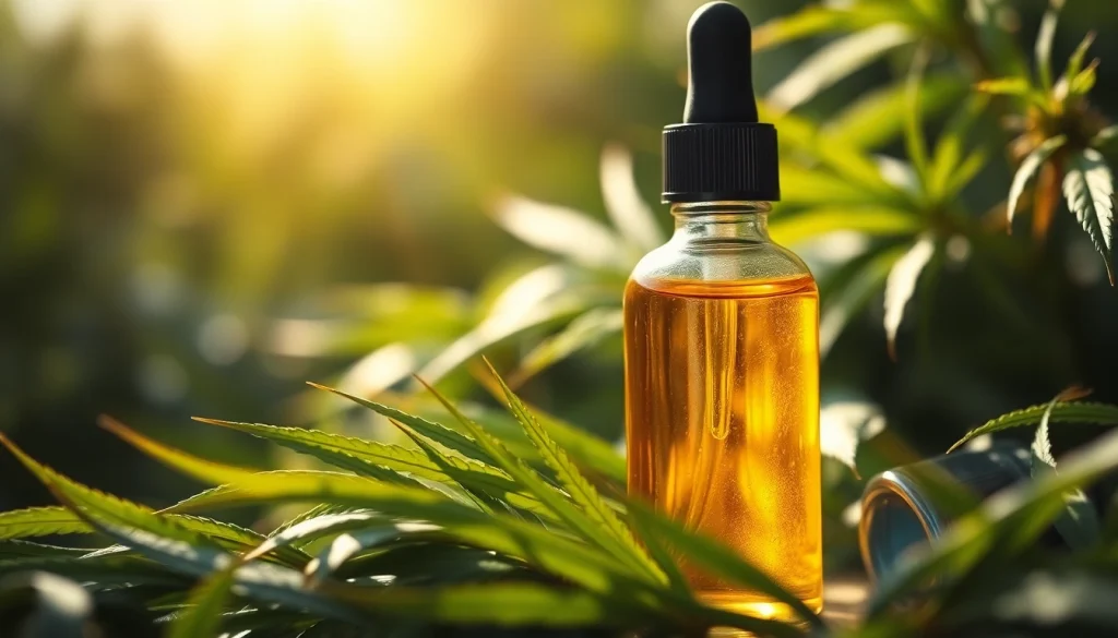Discover CBD Oil in a serene setting with lush hemp surroundings and a golden hue.