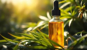 Discover CBD Oil in a serene setting with lush hemp surroundings and a golden hue.