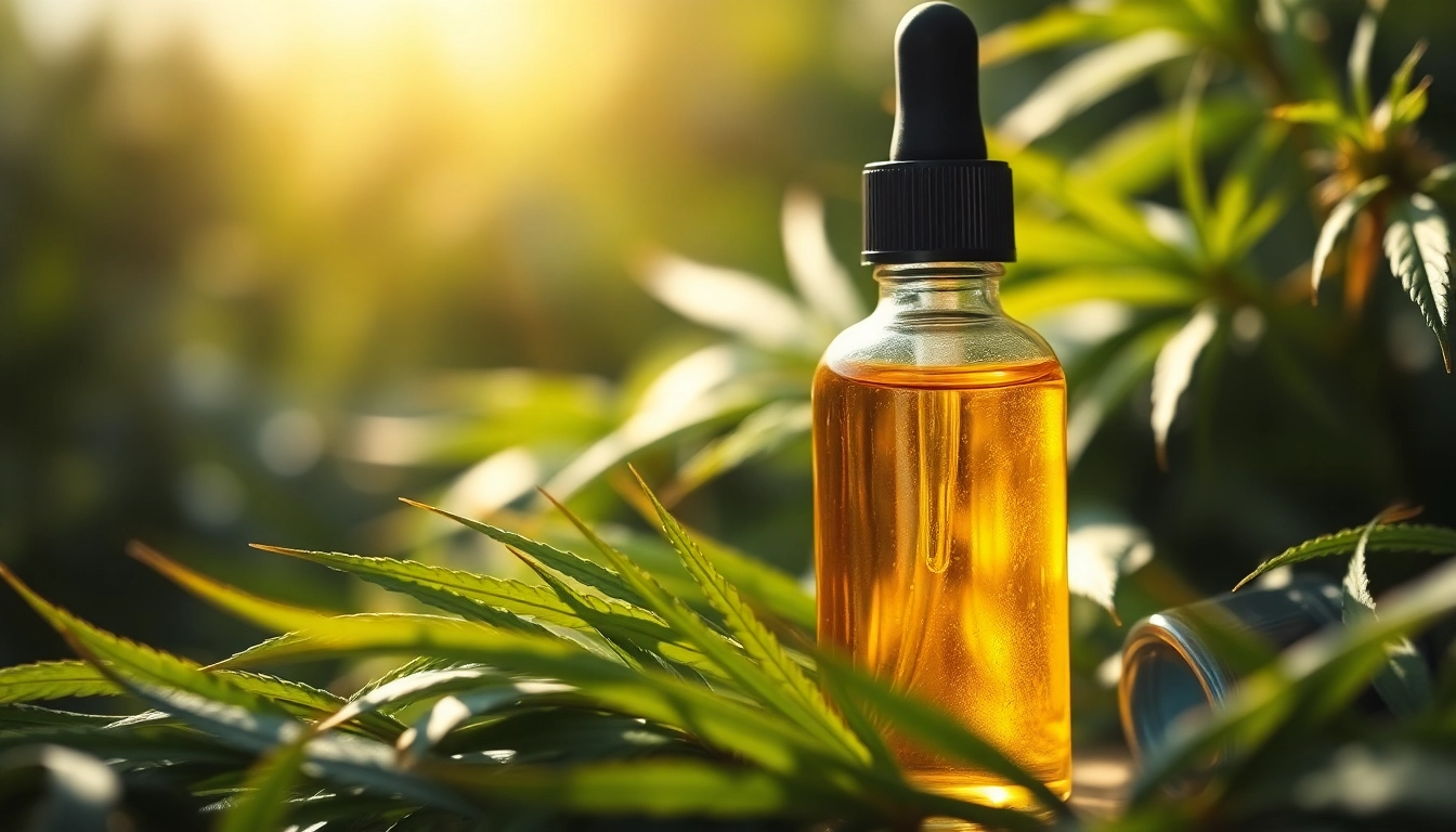 Discover CBD Oil in a serene setting with lush hemp surroundings and a golden hue.