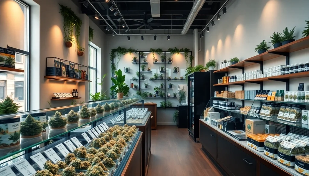 Browse high-quality products in a modern weed store with inviting displays and warm ambiance.