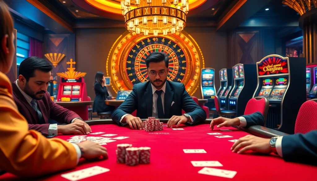 Players engaging in high-stakes poker at mg188's luxurious casino, featuring vibrant chips and dramatic lighting.