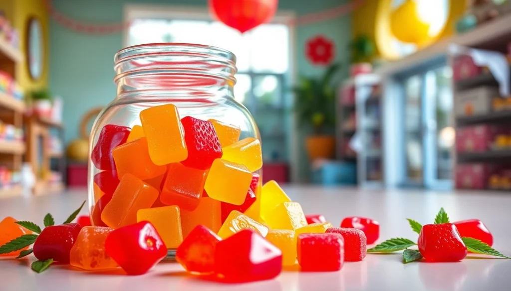 Showcase of vibrant Weed Gummies in a glass jar in a candy shop setting highlighting their colorful appeal.