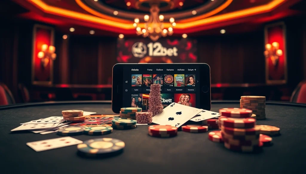 Exciting online gambling scene showcasing ink vao 12bet with a roulette wheel and poker chips.