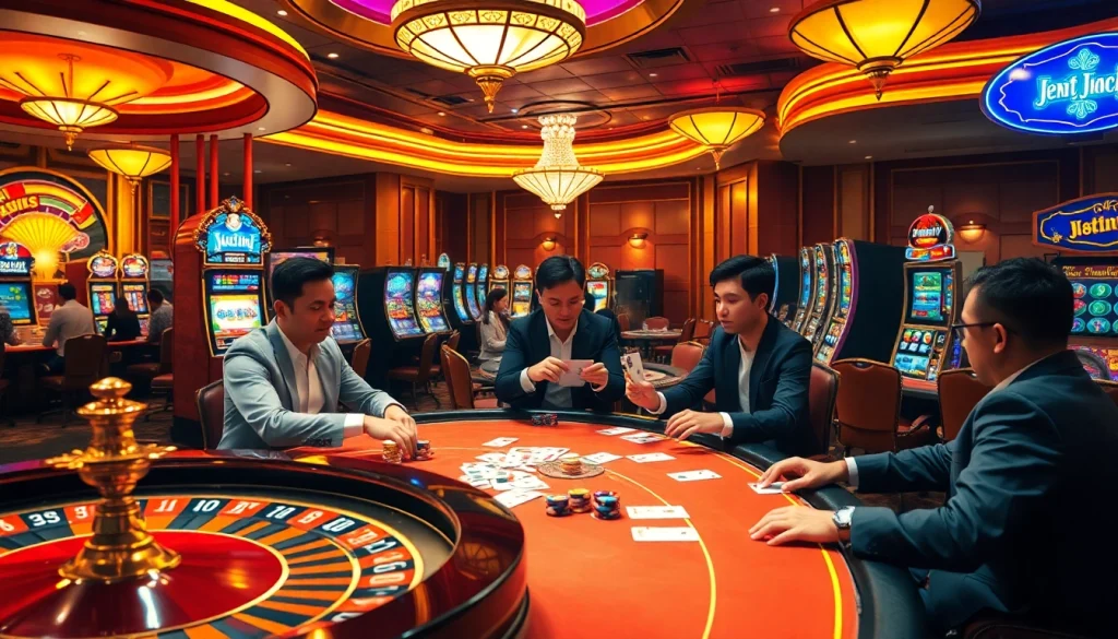 Exciting casino scene at nhà cái kkwin with players celebrating wins at poker and roulette tables
