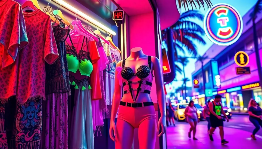 Shop vibrant outfits at the rave store miami showcasing colorful clothing in an energetic urban environment.
